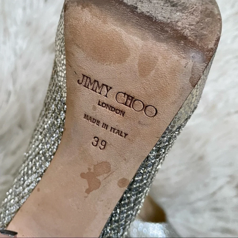 Jimmy Choo Silver Metallic Champagne Lamè Fabric Leather Alex Platform Pumps EUC